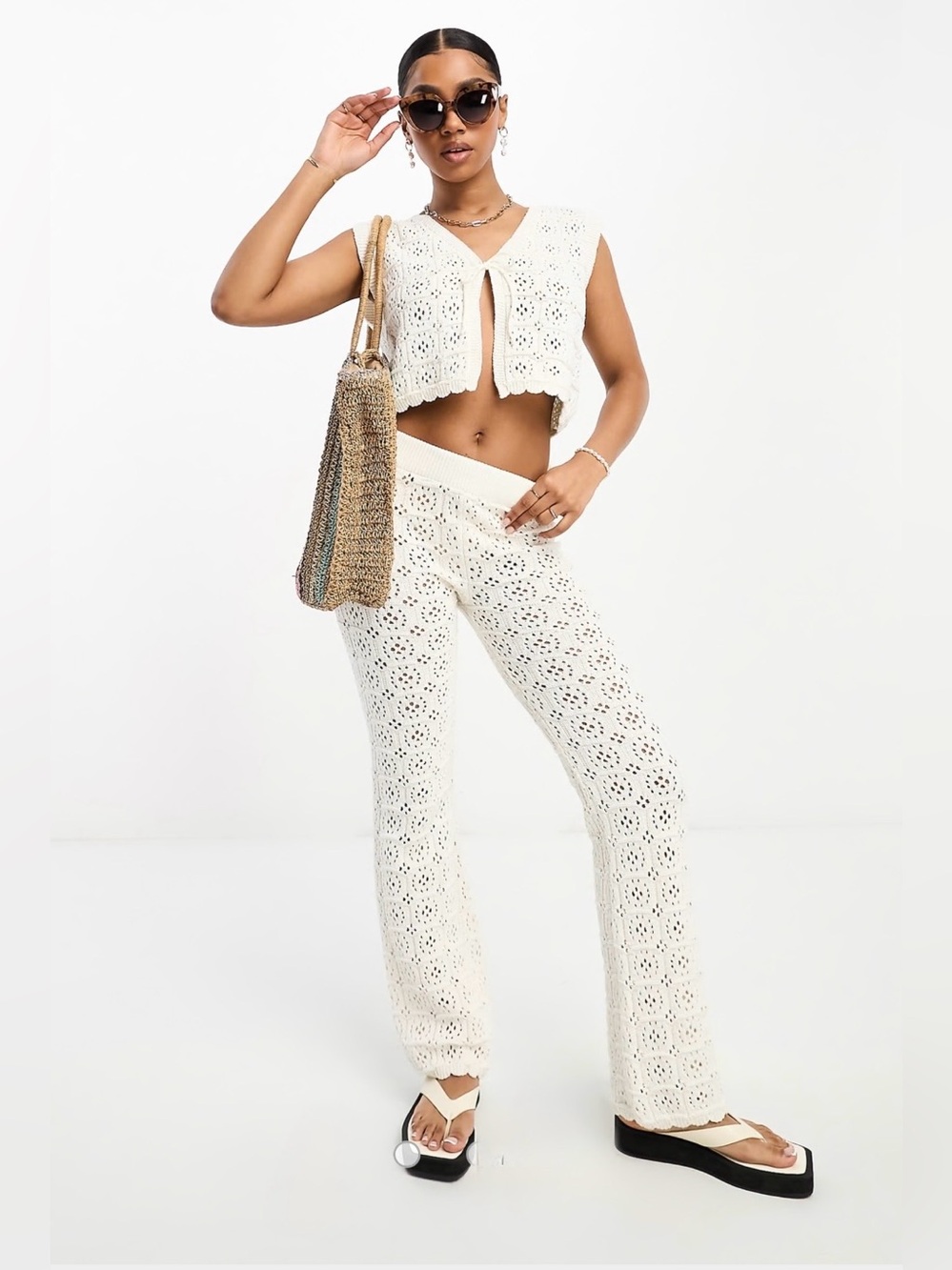 ASOS DESIGN Crochet Knit Wide Leg Pants Cream Off-White Ivory Size 12